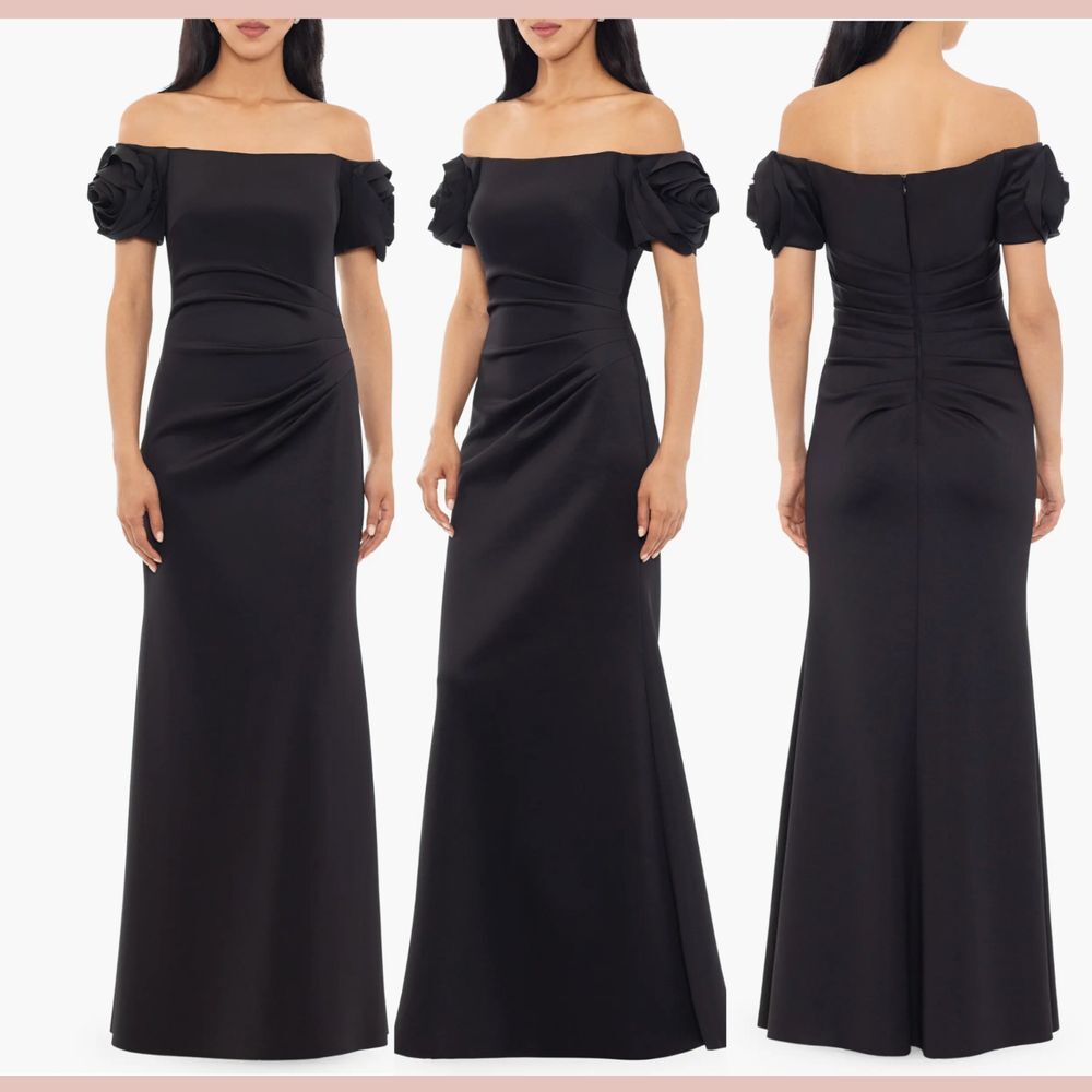 NEW $278 XSCAPE [ 16 ] Floral‎ Rosette Off the Shoulder Scuba Gown Black